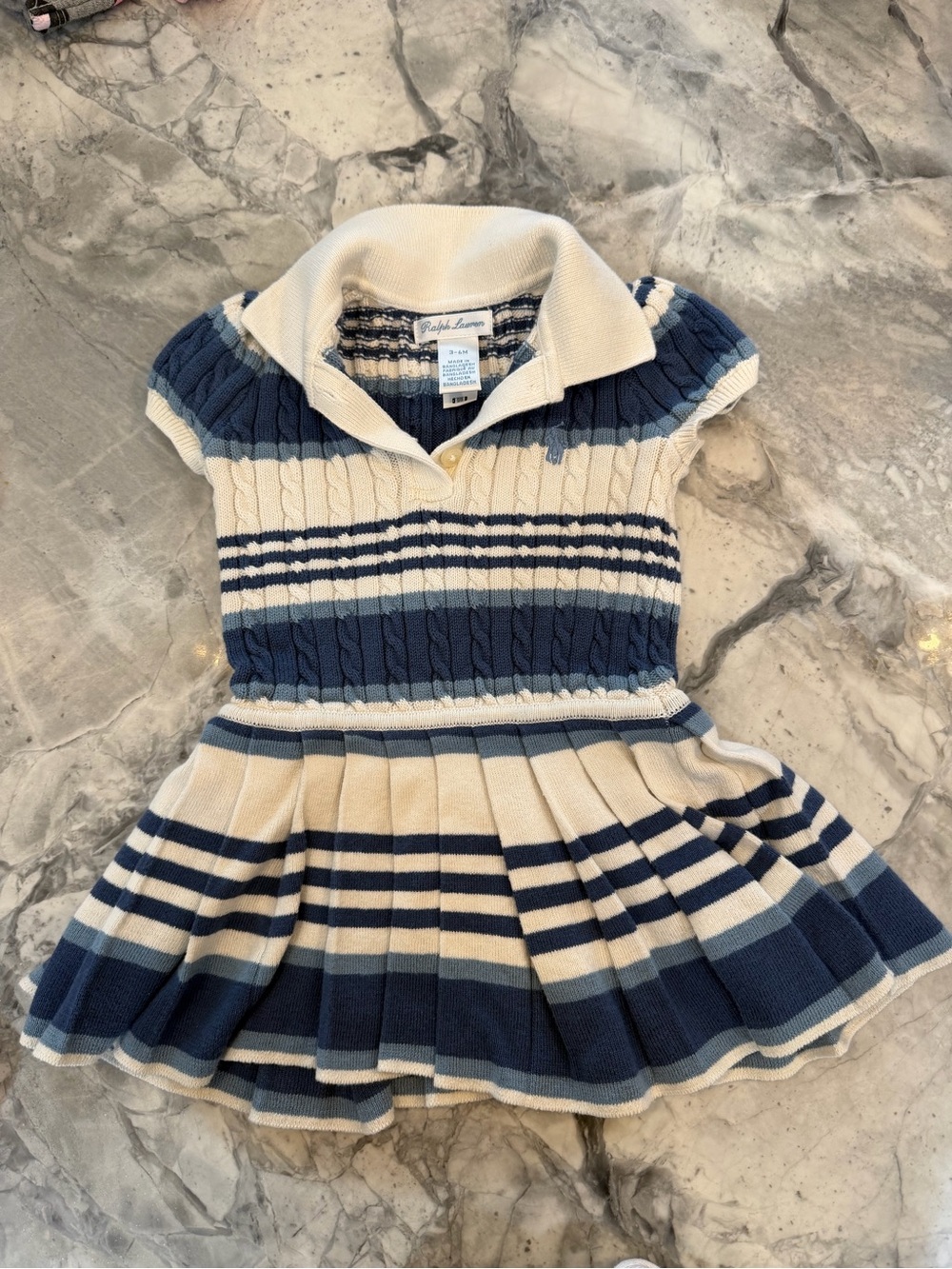Ralph Lauren Blue & Cream Striped Cable-Knit Polo Dress